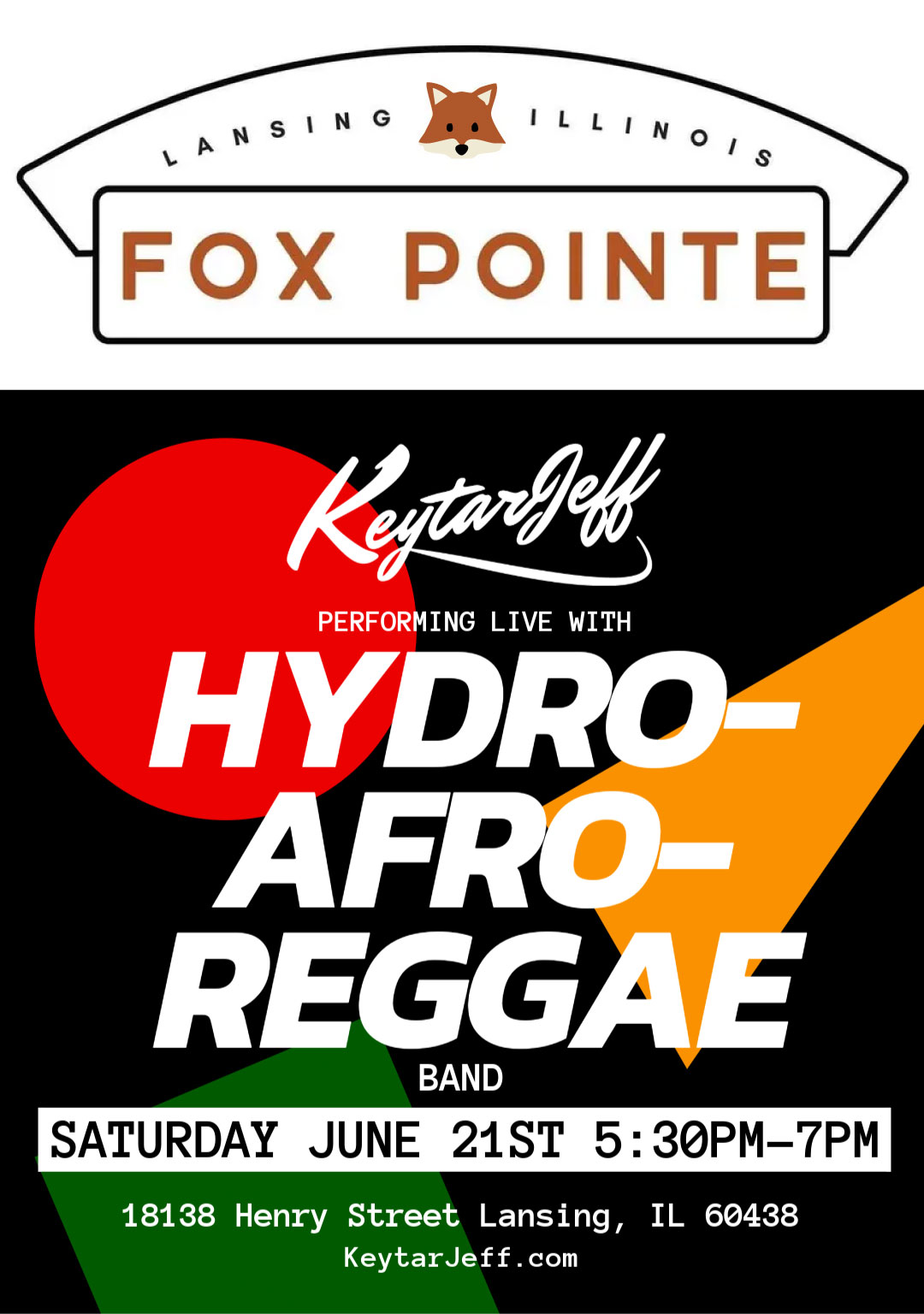 Keytar Jeff Live with Hydro-Afro-Reggae Band at Fox Pointe – June 21st!